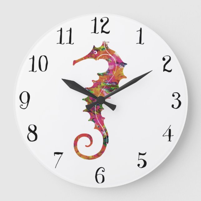 Colourful watercolor seahorse large clock (Front)