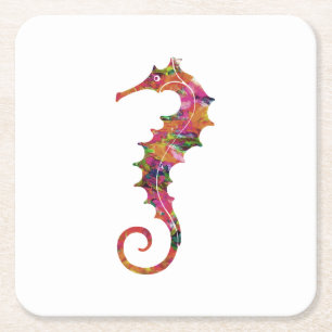 Colourful watercolor seahorse square paper coaster