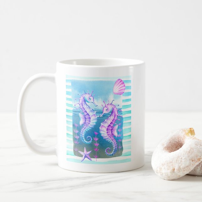Colourful Watercolor Seahorses Coffee Mug  (With Donut)