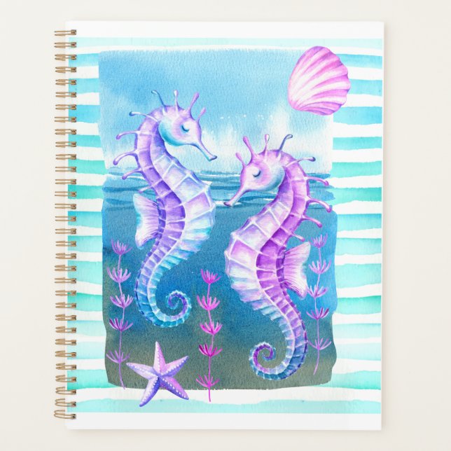 Colourful Watercolor Seahorses Sea Life Planner (Front)