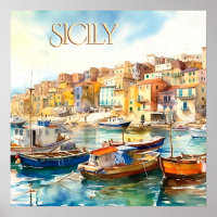 Colourful Watercolor Sicily Harbour Travel