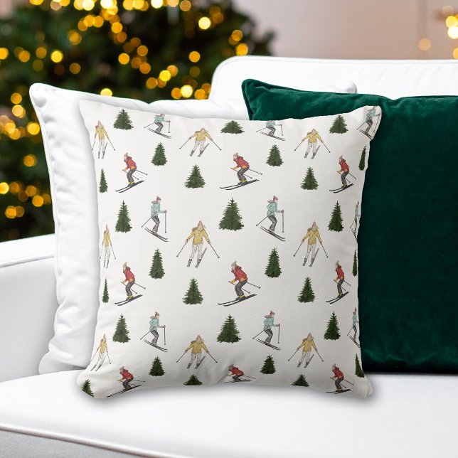 Colourful Watercolor Skiers Festive Holiday Patter Cushion (Creator Uploaded)