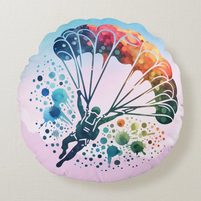 Colourful Watercolor Skydiver Round Cushion (Front)