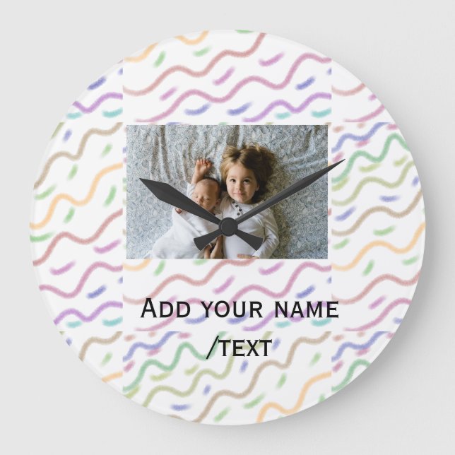 Colourful watercolor spiral pattern add photo name large clock (Front)