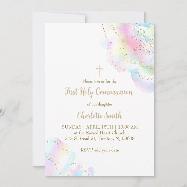 colourful watercolor splash | First Communion girl Invitation (Front)