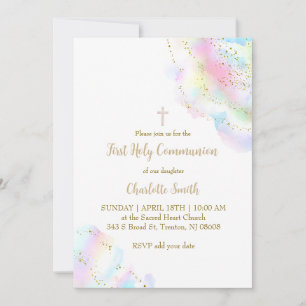 colourful watercolor splash   First Communion girl Invitation