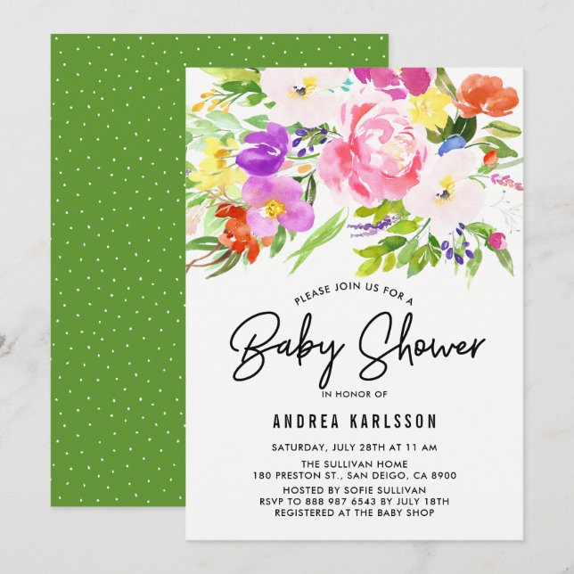 Colourful Watercolor Spring Blooms Baby Shower Invitation (Front/Back)
