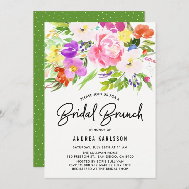 Colourful Watercolor Spring Blooms Bridal Brunch Invitation (Front/Back)