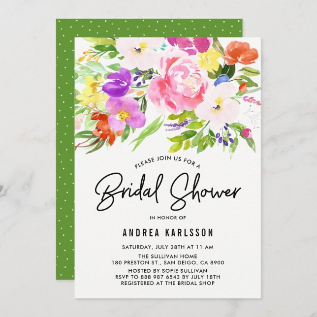 Colourful Watercolor Spring Blooms Bridal Shower Invitation (Front/Back)