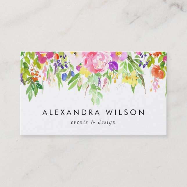 Colourful Watercolor Spring Blooms Business Card (Front)