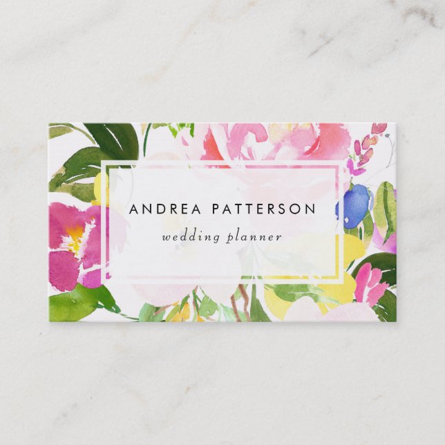 Colourful Watercolor Spring Blooms Floral Business Card (Front)