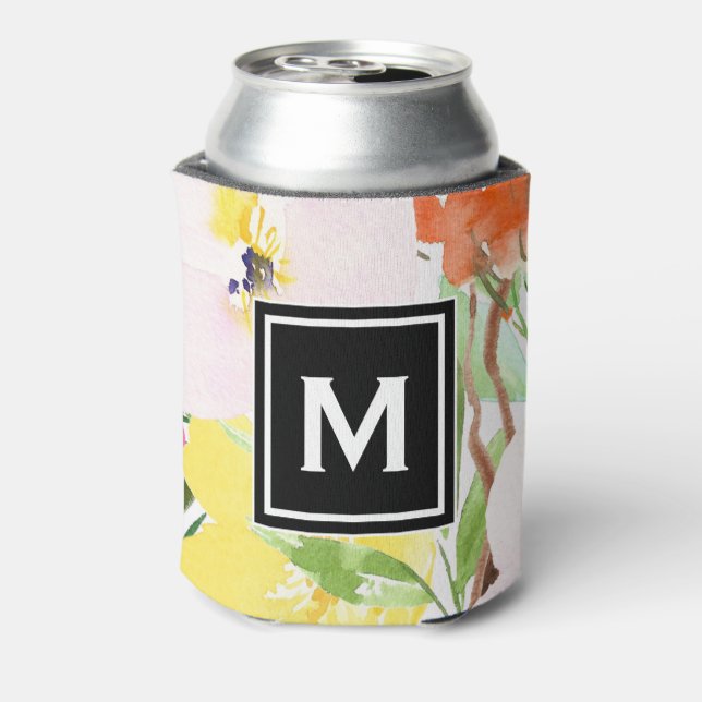 Colourful Watercolor Spring Blooms Floral Monogram Can Cooler (Can Back)