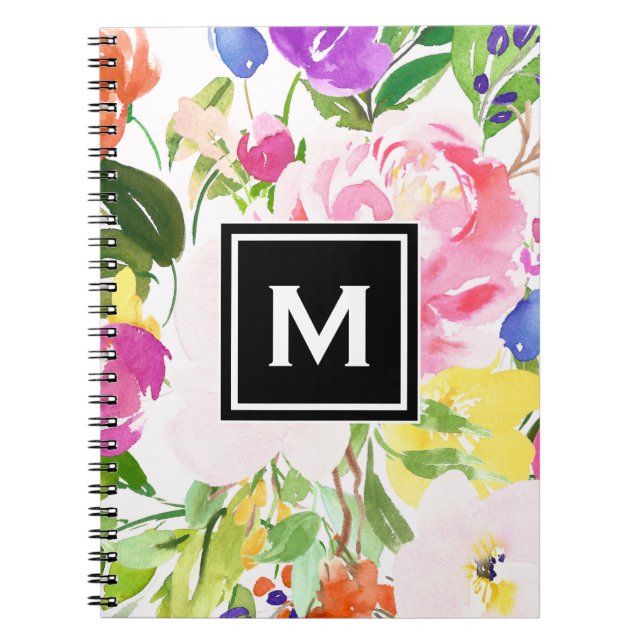 Colourful Watercolor Spring Blooms Floral Monogram Notebook (Front)
