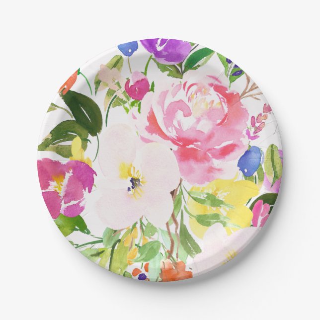 Colourful Watercolor Spring Blooms Floral Paper Plate (Front)