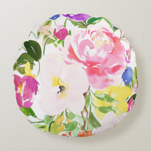 Colourful Watercolor Spring Blooms Floral Round Cushion