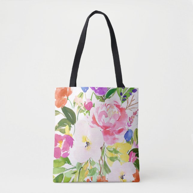 Colourful Watercolor Spring Blooms Floral Tote Bag (Front)