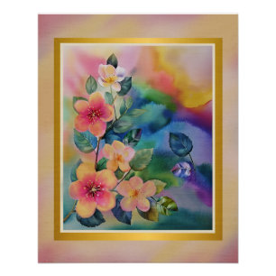 Colourful Watercolor Spring Branch with Flowers  Poster