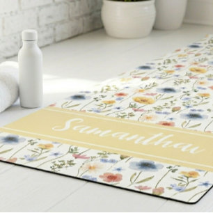 Colourful Watercolor Spring Wildflower Custom Name Yoga Mat