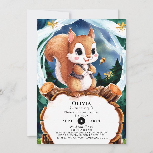 Colourful Watercolor Squirrel Birthday Invitation (Front)