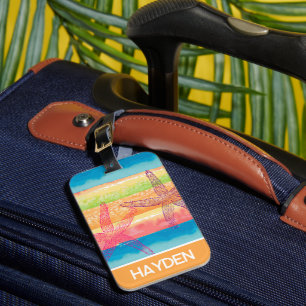 Colourful Watercolor Stripes Starfish Personalised Luggage Tag