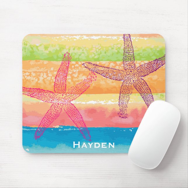 Colourful Watercolor Stripes Starfish Personalised Mouse Mat (With Mouse)