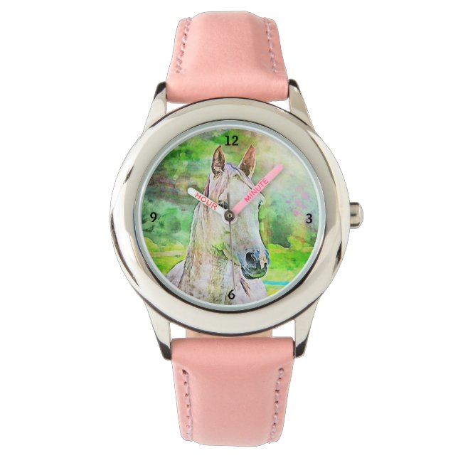 Colourful Watercolor Style Pink Horse Watch (Front)