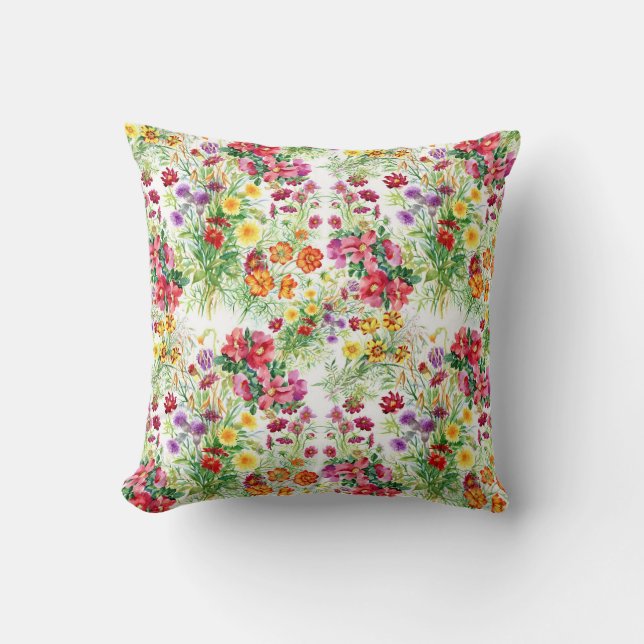 Colourful Watercolor Summer Flowers Cushion (Front)