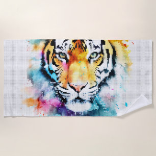 Colourful Watercolor Tiger Head in Geometric Style Beach Towel