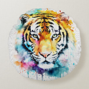 Colourful Watercolor Tiger Head in Geometric Style Round Cushion