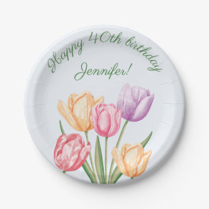 Colourful Watercolor Tulip Flowers Happy Birthday Paper Plate