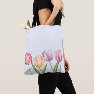 Colourful Watercolor Tulip Flowers On Light Blue Tote Bag