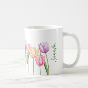 Colourful Watercolor Tulip Flowers With Custom Nam Coffee Mug