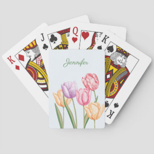 Colourful Watercolor Tulip Flowers With Custom Nam Playing Cards