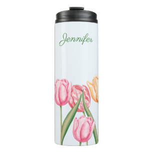 Colourful Watercolor Tulip Flowers With Custom Nam Thermal Tumbler