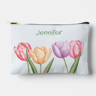 Colourful Watercolor Tulip Flowers With Custom Tex Accessory Pouch