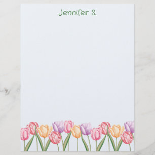 Colourful Watercolor Tulip Flowers With Custom Tex Letterhead