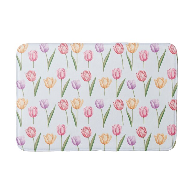 Colourful Watercolor Tulips Flower Pattern Bath Mat (Front)