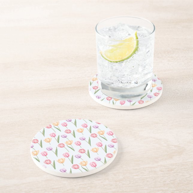 Colourful Watercolor Tulips Flower Pattern Coaster (Side)