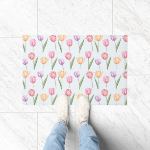 Colourful Watercolor Tulips Flower Pattern Doormat