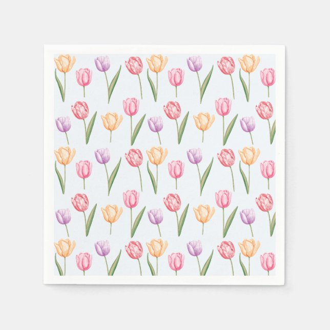 Colourful Watercolor Tulips Flower Pattern Napkin (Front)