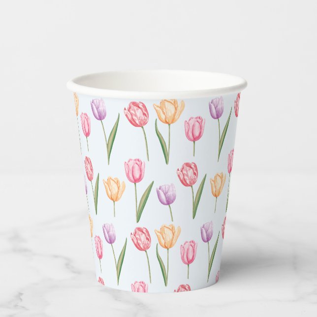 Colourful Watercolor Tulips Flower Pattern Paper Cups (Front)