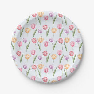 Colourful Watercolor Tulips Flower Pattern Paper Plate