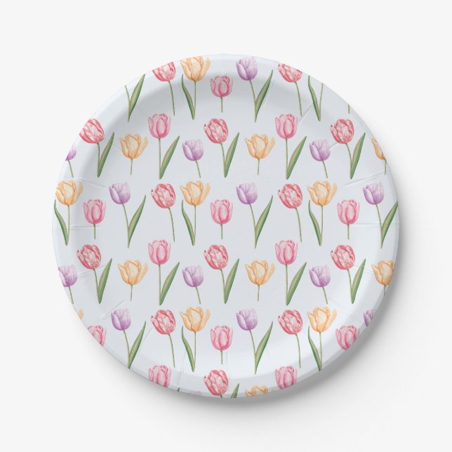 Colourful Watercolor Tulips Flower Pattern Paper Plate (Front)