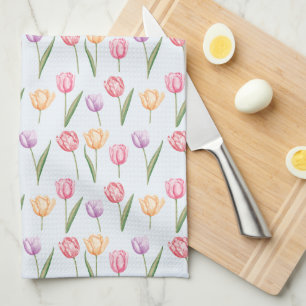 Colourful Watercolor Tulips Flower Pattern Tea Towel