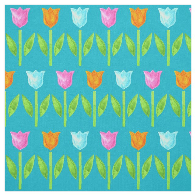 Colourful Watercolor Tulips in Pink, Blue, Orange Fabric (Swatch)