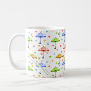 Colourful Watercolor Umbrellas and Falling Hearts Coffee Mug