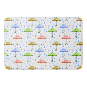 Colourful Watercolor Umbrellas and Rain Drops Fall Bath Mat