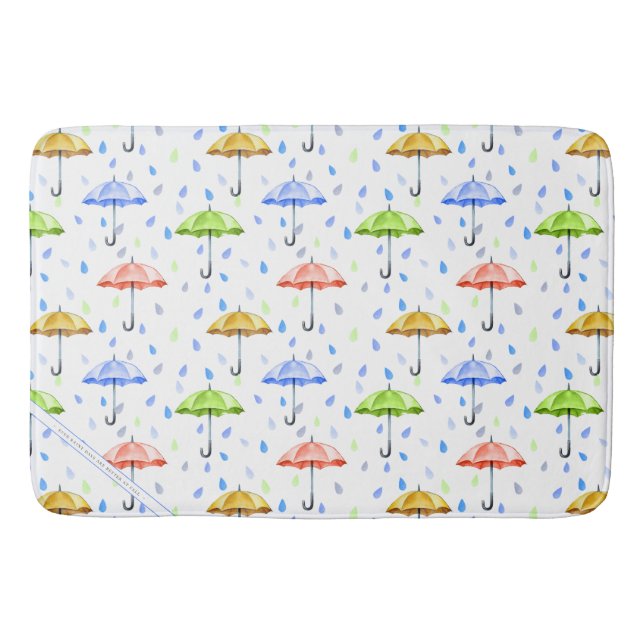 Colourful Watercolor Umbrellas and Rain Drops Fall Bath Mat (Front)