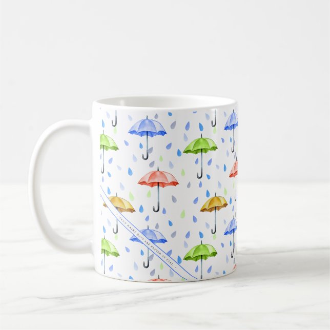 Colourful Watercolor Umbrellas and Rain Drops Fall Coffee Mug (Left)