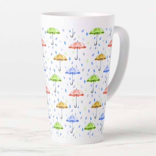 Colourful Watercolor Umbrellas and Rain Drops Fall Latte Mug (Right Angle)
